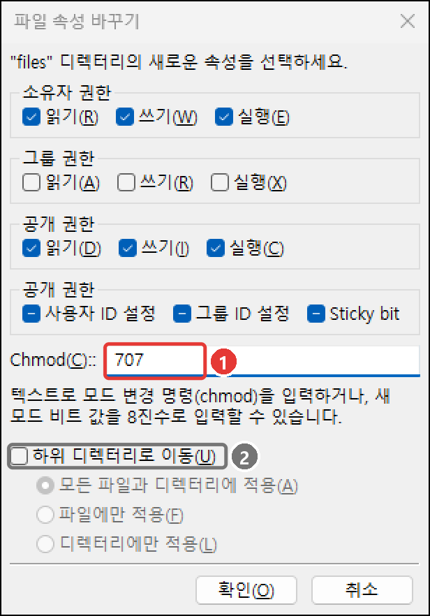 files 폴더의 파일 속성 바꾸기 창. Chmod 칸에 707, 하위 디렉터리로 이동 체크 해제
