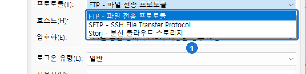 사이트 관리자 일반 탭의 프로토콜 목록을 펼친 모습: FTP - 파일 전송 프로토콜, SFTP - SSH File Transfer Protocol, Storj - 분산 클라우드 스토리지