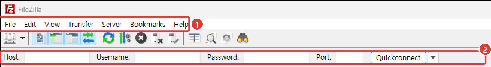 메뉴와 접속 칸이 영어로 표시된 파일질라 (File, Edit, Host, Quickconnect)
