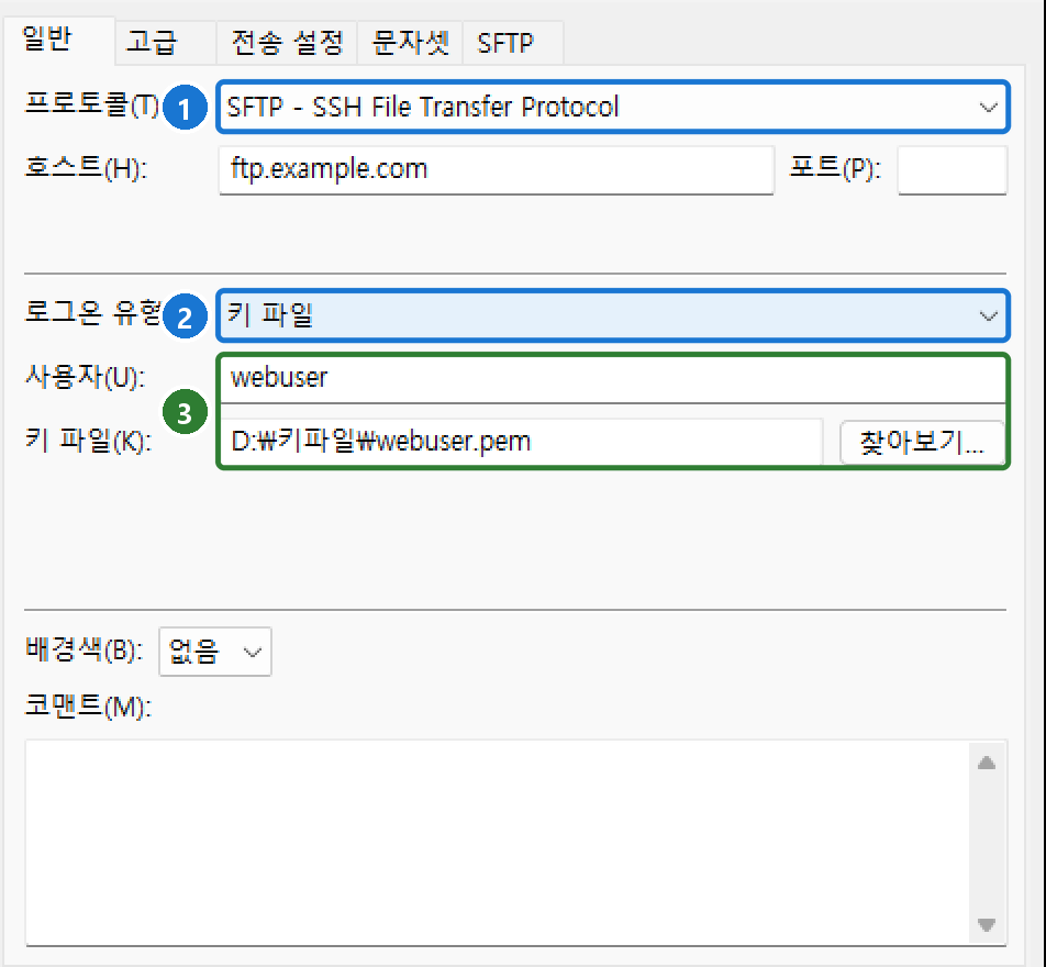 사이트 관리자 일반 탭. 프로토콜 SFTP, 로그온 유형 키 파일, 사용자 webuser, 키 파일 D:\키파일\webuser.pem