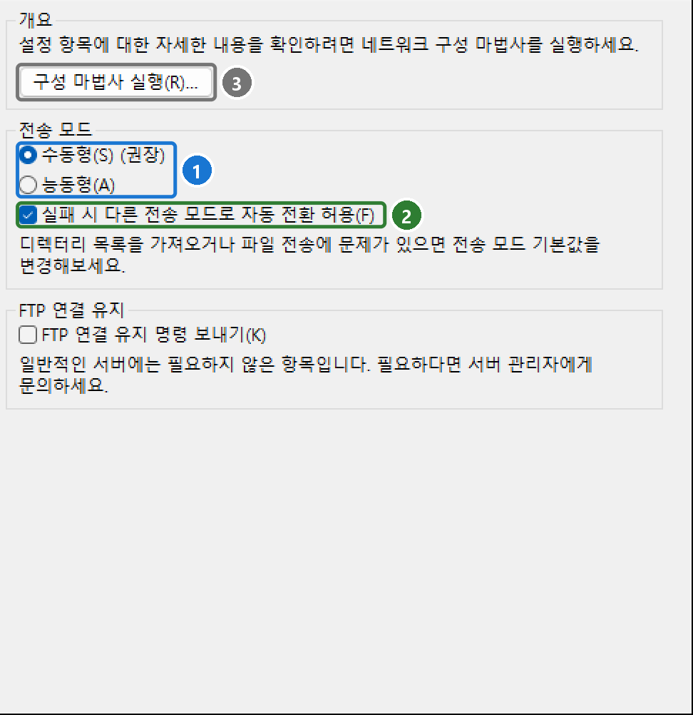 설정 → 연결 → FTP 페이지. 구성 마법사 실행, 전송 모드 수동형(권장)·능동형, 실패 시 다른 전송 모드로 자동 전환 허용, FTP 연결 유지 명령 보내기